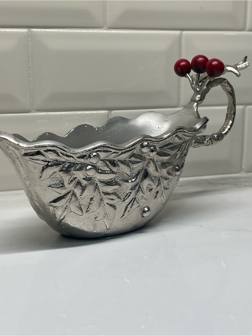 Silver Gravy Boat - Metal - Holly Berry Christmas, Textured, 10Heavy Solid